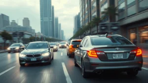 High-speed chase scene with vehicles in urban landscape, cinematic lighting, dynamic motion blur, professional cinematography style, realistic action sequence photography