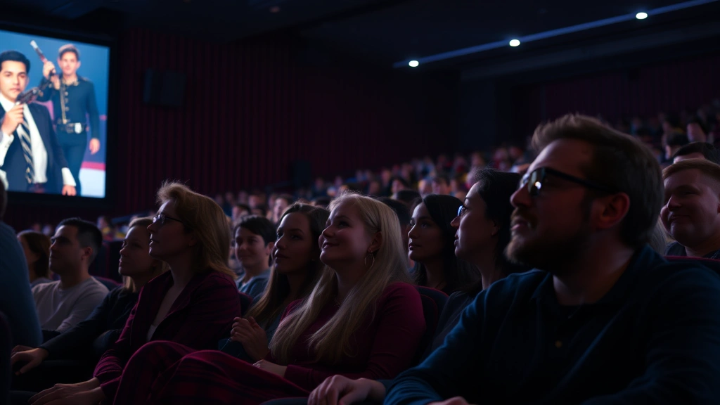 Movie theater audience watching thriller film, dramatic lighting from screen, varied emotional reactions visible on faces, immersive cinema experience, contemporary multiplex setting