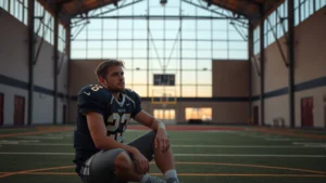 A quarterback in casual clothing sitting alone in a modest gymnasium at dusk, natural light filtering through large windows, contemplative expression, worn athletic facility in background, photorealistic documentary style, no text or graphics visible
