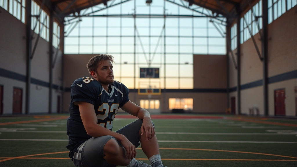 A quarterback in casual clothing sitting alone in a modest gymnasium at dusk, natural light filtering through large windows, contemplative expression, worn athletic facility in background, photorealistic documentary style, no text or graphics visible