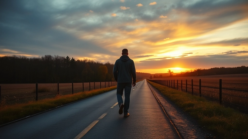 A solitary figure walking along a rural road at sunset, autumn landscape, contemplative posture suggesting internal processing, natural environmental colors, photorealistic wide shot, no signs or text elements visible