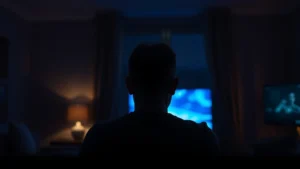 Cinematic still of a man watching television in darkness, face illuminated by blue glow, isolated in a living room, photorealistic, moody lighting, emphasizing loneliness and media consumption