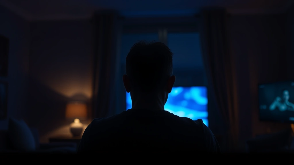 Cinematic still of a man watching television in darkness, face illuminated by blue glow, isolated in a living room, photorealistic, moody lighting, emphasizing loneliness and media consumption