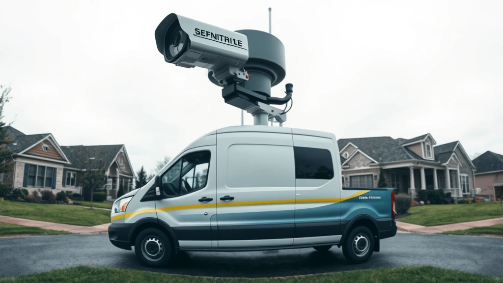 Split-screen composition showing a cable technician's van outside suburban homes, representing intrusive technology and surveillance, overcast suburban setting, detailed realistic photography