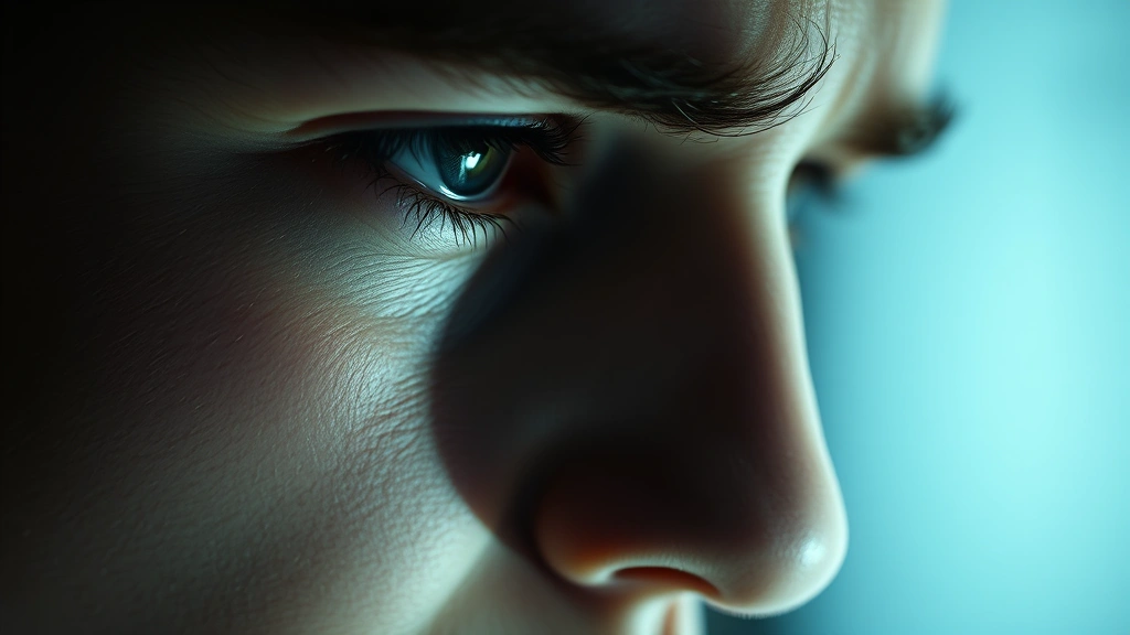 Close-up of a person's face reflecting screen light, showing emotional distress and obsession, dramatic chiaroscuro lighting, photorealistic digital media aesthetic, isolation theme