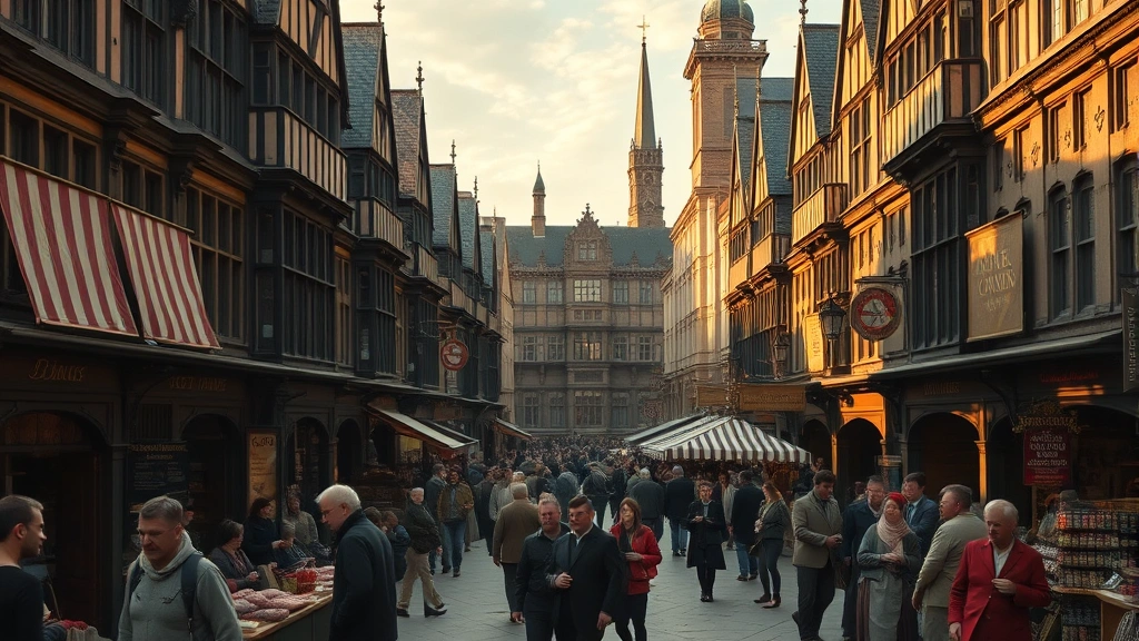 Wide establishing shot of a bustling 16th century London marketplace with merchants, traders, and common people conducting business amid architectural grandeur, golden hour lighting, photorealistic detail showing commerce and daily life