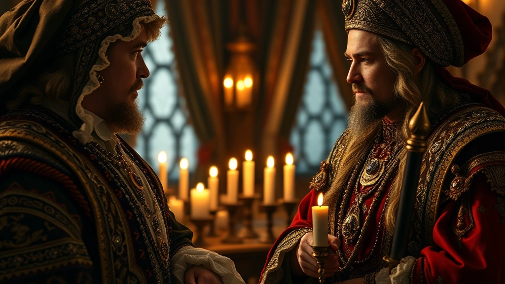 Close-up of ornate period costumes and jewelry worn by nobility and merchants in conversation, candlelit interior setting, rich fabrics and authentic historical styling, photorealistic textile detail