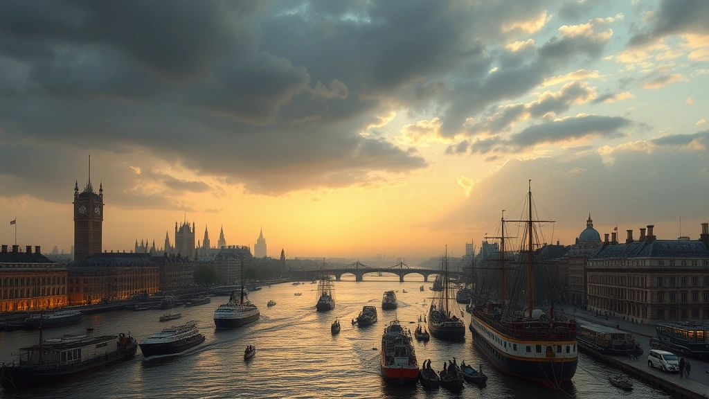 Panoramic view of London's riverside with period ships docked, waterfront activity, and architectural landmarks visible in distance, atmospheric lighting suggesting economic transformation and maritime commerce