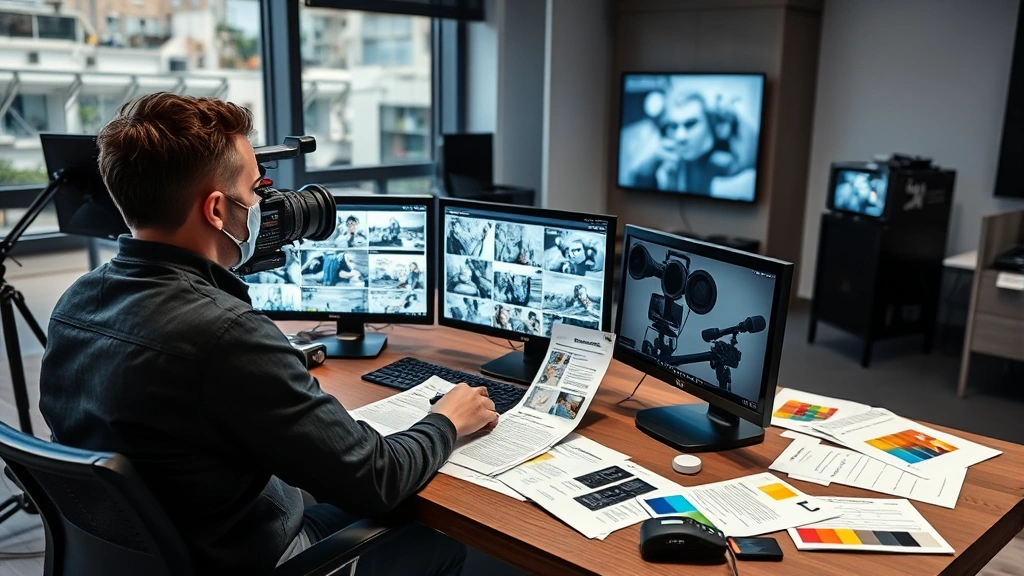 Professional filmmaker reviewing storyboards on a modern desk with monitors, surrounded by production notes and color palettes, contemporary film studio environment