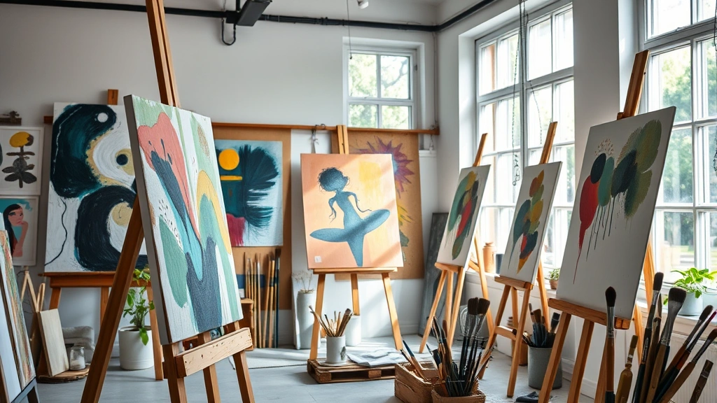 Close-up of a painter's studio with abstract artworks on easels and walls, natural light streaming through large windows, artistic creative space with brushes and canvases