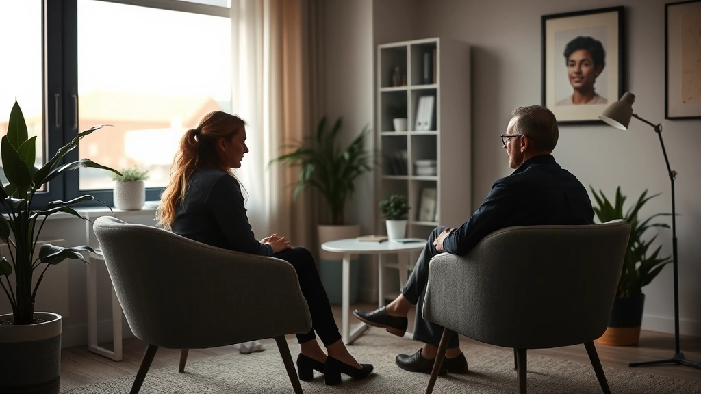 Intimate scene of a psychotherapy session setup with comfortable seating, soft lighting, and a window view, modern clinical office environment conveying psychological depth