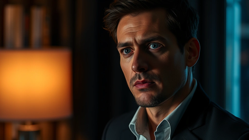 Professional actor in dramatic television scene, intense emotional expression, moody lighting, contemporary setting, photorealistic cinema quality, no visible text or interface elements, character-focused portrait style