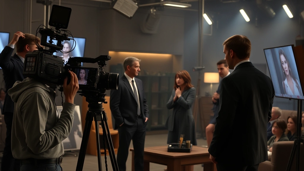 Television production set with actors during dramatic scene, professional cinematography, contemporary crime drama aesthetic, multiple characters in tense interaction, photorealistic film production quality, no text or graphics overlay