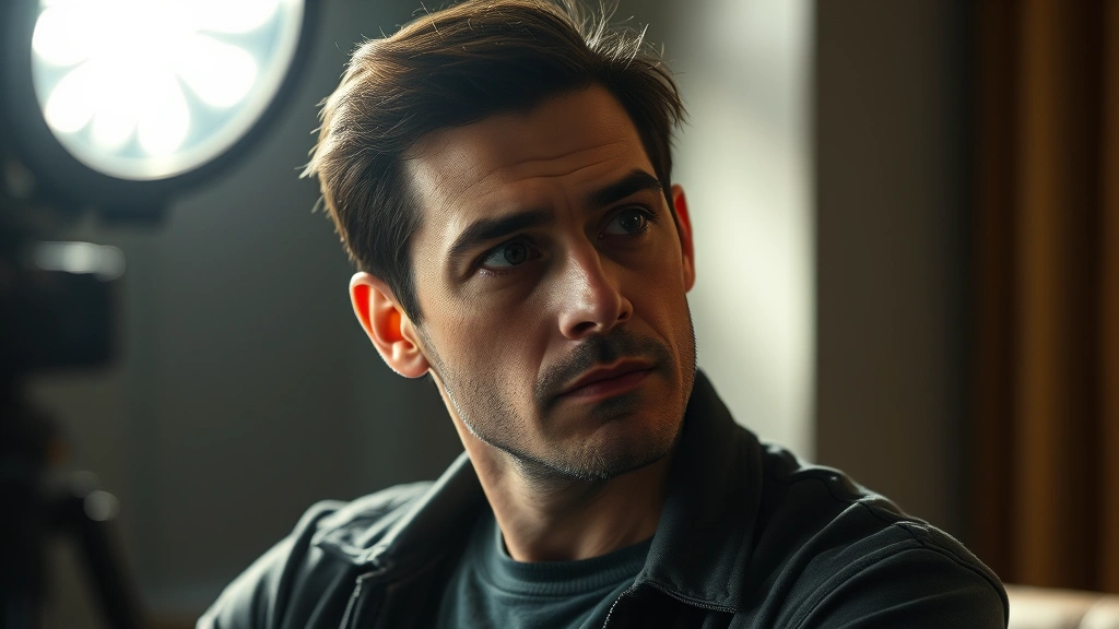 Character actor in contemplative moment, dramatic side lighting, psychological intensity conveyed through subtle expression, professional film lighting setup, contemporary setting, photorealistic quality, no visible text or interface elements