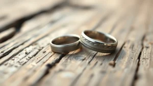 Close-up of two wedding rings on weathered wooden surface, soft natural lighting, shallow depth of field, photorealistic detail showing metal texture and wear patterns