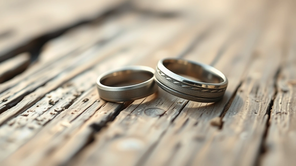 Close-up of two wedding rings on weathered wooden surface, soft natural lighting, shallow depth of field, photorealistic detail showing metal texture and wear patterns