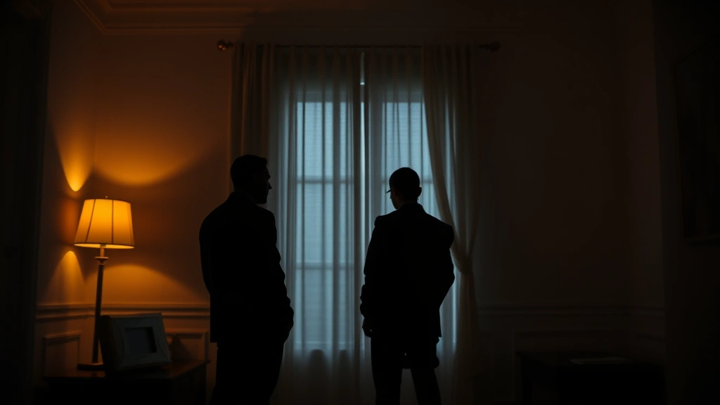 Two silhouettes facing away from each other across dimly lit room, warm lamplight creating contrast, photorealistic perspective emphasizing distance and emotional separation between figures