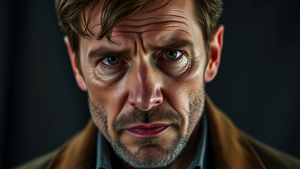 Professional male actor in dramatic scene, weathered face showing emotional intensity, studio lighting highlighting character depth, no text visible, photorealistic contemporary film production aesthetic