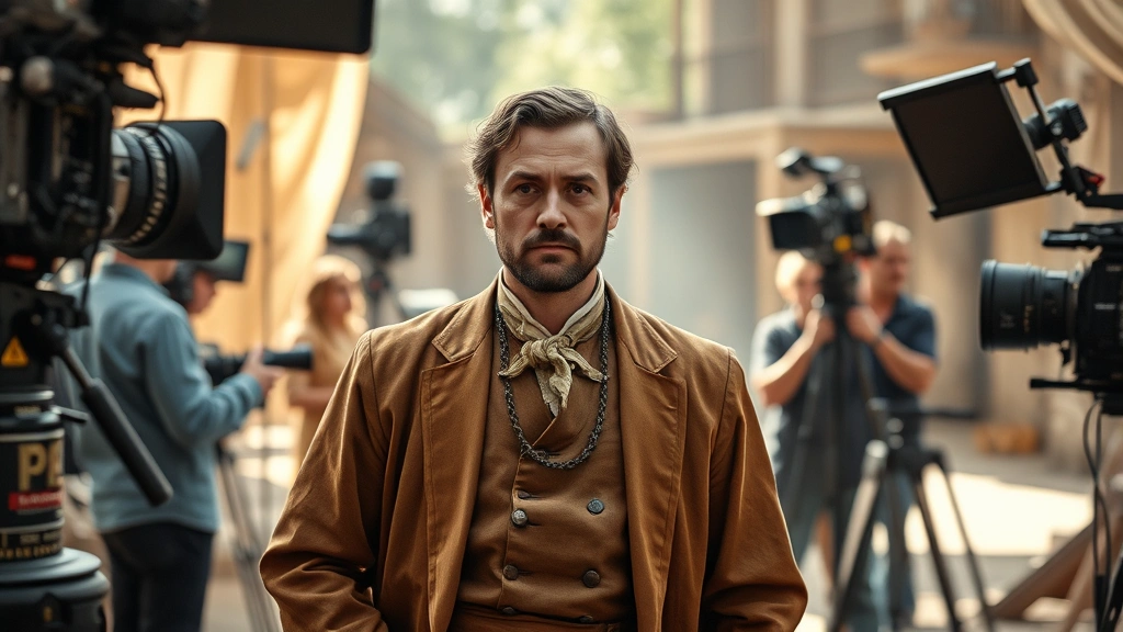 Film set environment showing actor in period costume amid production equipment, natural lighting with professional crew in background, cinematic composition focusing on performer's presence and authenticity