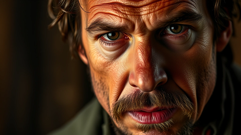 Close-up portrait of mature male performer in character, dramatic emotional expression conveying vulnerability and strength, professional cinematography style, warm studio lighting, no visible text or graphics