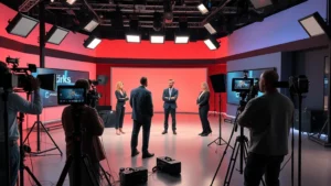 Professional television studio production set with actors performing dramatic scene, professional lighting equipment, camera operators capturing performance, modern broadcast production environment, cinematic quality lighting setup
