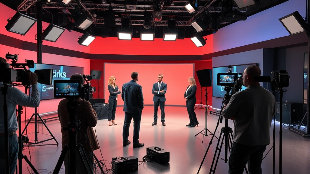 Professional television studio production set with actors performing dramatic scene, professional lighting equipment, camera operators capturing performance, modern broadcast production environment, cinematic quality lighting setup