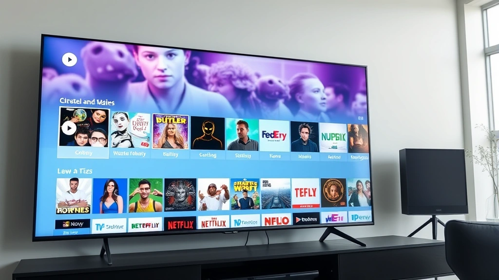 Streaming service interface on large display showing diverse television content library, digital platform dashboard, modern entertainment distribution technology, global content accessibility visualization, contemporary media consumption setup