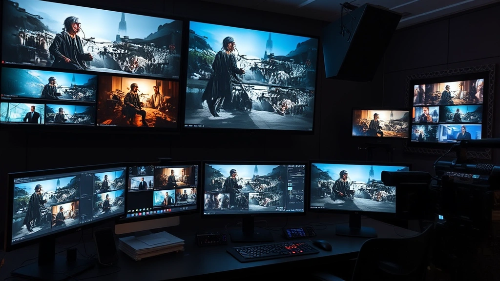 Television editing suite with multiple monitors displaying color-graded dramatic scenes, professional post-production workspace, digital cinematography workflow, contemporary television production technology, professional color correction environment