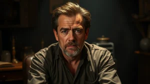 Weathered male actor with distinctive features in dramatic lighting, seated in a noir-style setting with shadows and vintage props, photorealistic cinematic portrait