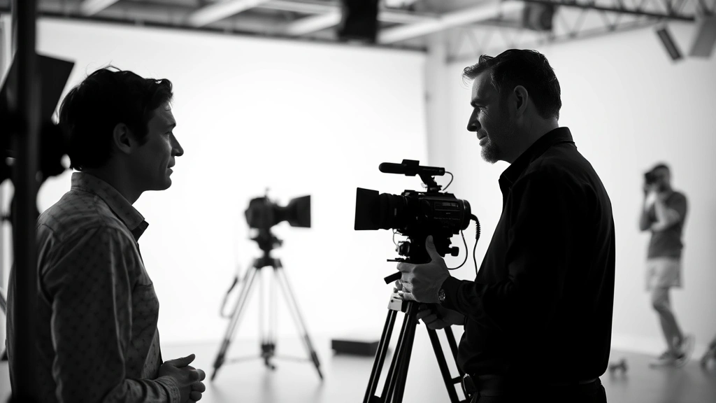Film director reviewing scene with actor in minimalist black and white location, professional production atmosphere with equipment visible in soft focus background