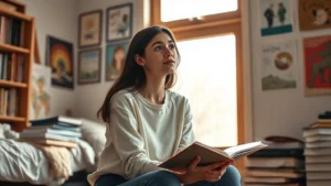 Young woman sitting alone in college dormitory room with books and artwork, contemplative expression, warm natural window lighting, personal growth symbolism, no text visible