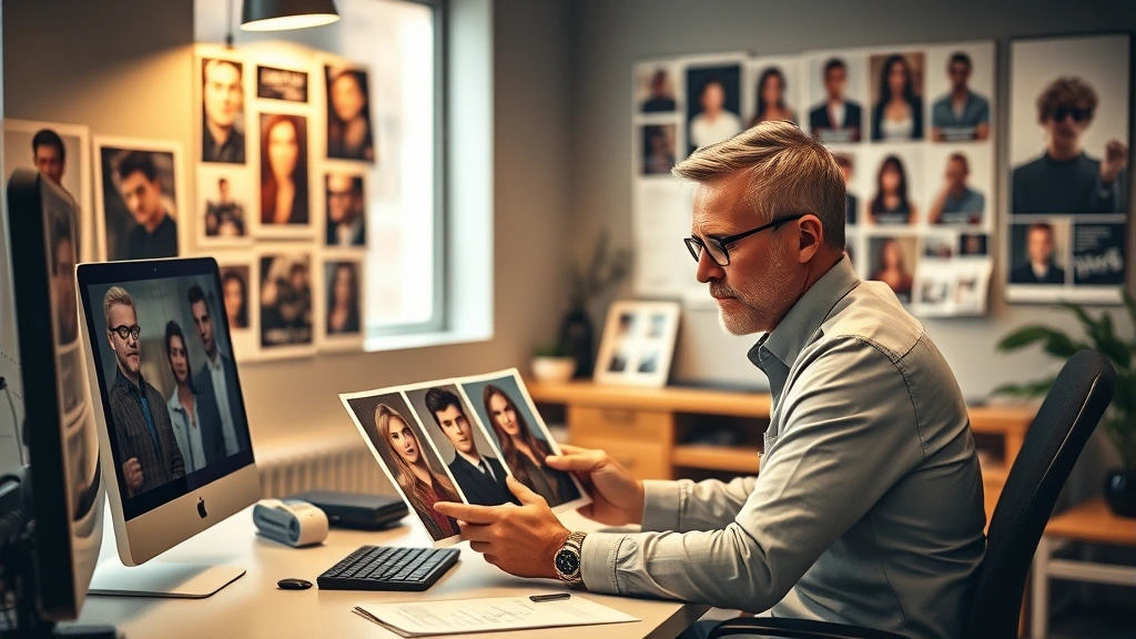Professional casting director sitting at desk reviewing actor headshots and portfolios, modern office environment with mood boards displaying character references and visual inspiration, warm professional lighting