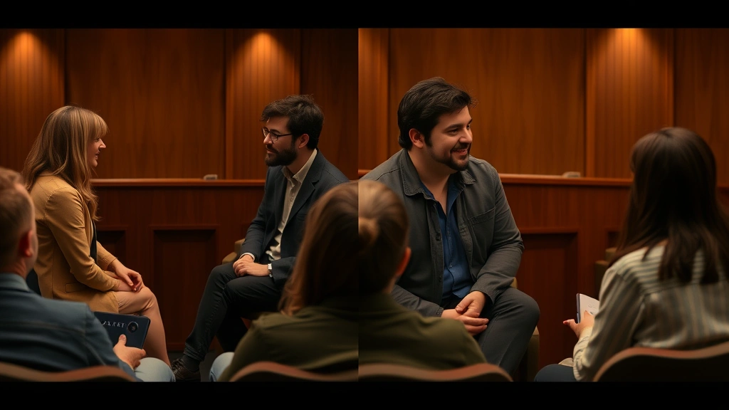 Split-screen comparison showing diverse actors in conversation during chemistry read audition, intimate theater setting with director observing from seats, natural emotional interaction captured mid-discussion
