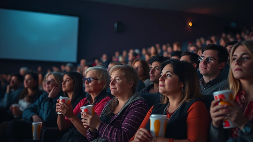 Movie theater audience watching film intently, faces illuminated by screen glow, mixed reactions visible, diverse group representing different demographics, popcorn and drinks visible, cinematic atmosphere