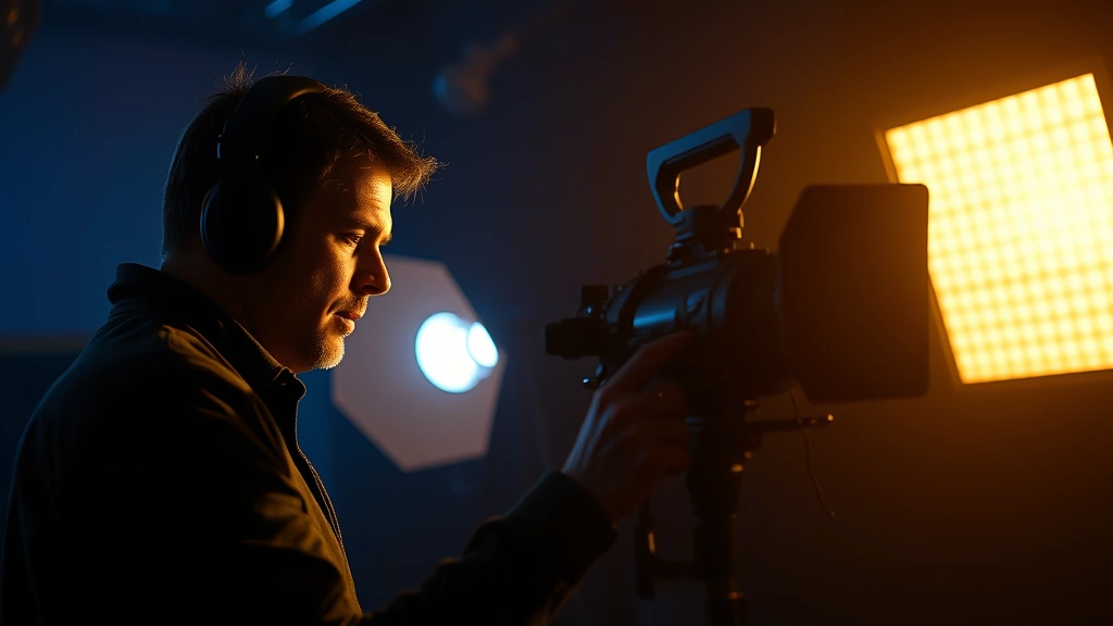A filmmaker adjusting professional cinema lighting equipment in a dark studio set, focused concentration on technical precision and atmospheric mood creation, moody blue and amber gels casting shadows across their face