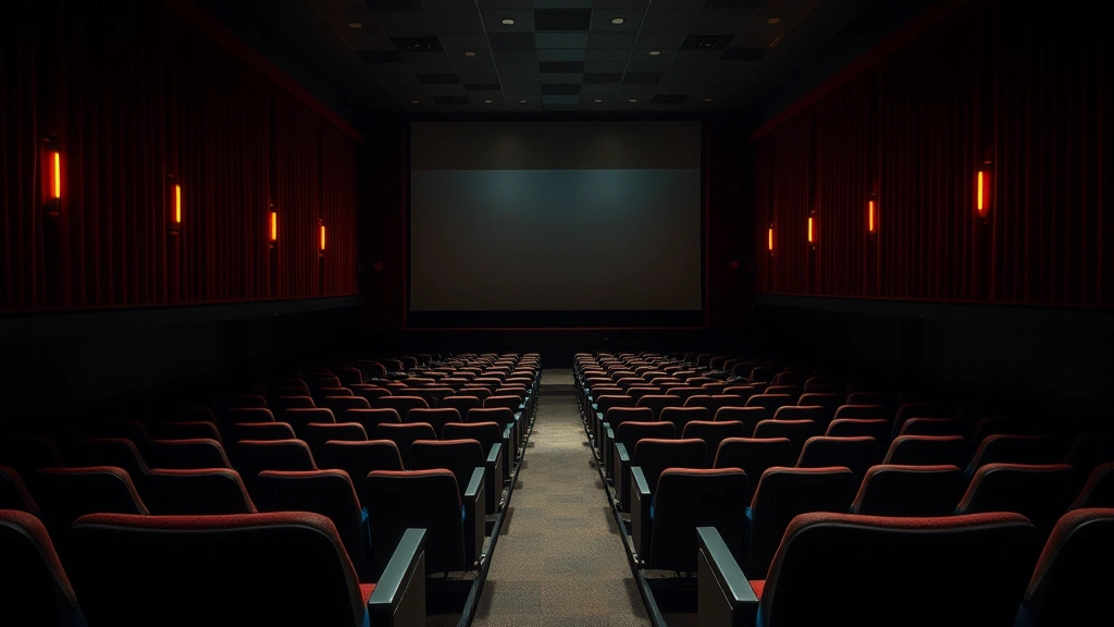 An empty vintage movie theater interior showing rows of seats facing the screen, dramatic spotlight creating atmospheric shadows, emphasizing the solitary viewing experience and theatrical space