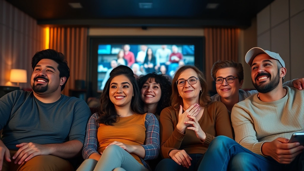 A diverse group of people in a modern home theater setup watching a film together, their expressions showing engagement and shared emotional response, warm ambient lighting and contemporary entertainment space