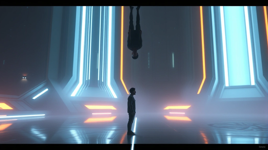 Two figures separated by invisible gravitational line in futuristic sci-fi environment, one standing normally below while another stands inverted above, photorealistic cinematic lighting, no text or interface elements