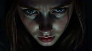 Close-up of a young woman's face showing confusion and fear, dramatic shadows across features, dark moody lighting, professional cinematography style, no text or visible text