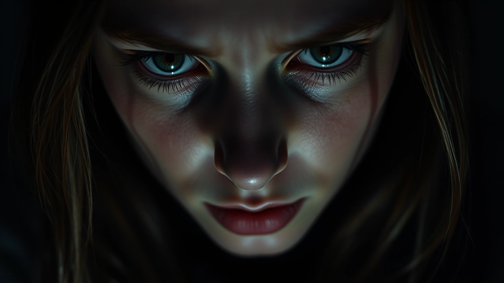 Close-up of a young woman's face showing confusion and fear, dramatic shadows across features, dark moody lighting, professional cinematography style, no text or visible text
