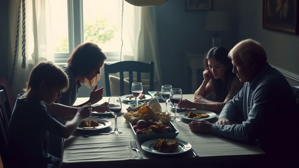 Family gathered around dinner table in muted colors, tense body language and expressions, natural lighting through window creating atmospheric shadows, emotional drama captured through composition, no visible text