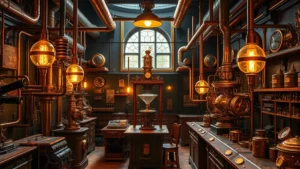 Victorian laboratory interior filled with elaborate brass machinery, copper piping, and electrical apparatus glowing with amber light, showcasing intricate steampunk engineering and scientific equipment in atmospheric setting
