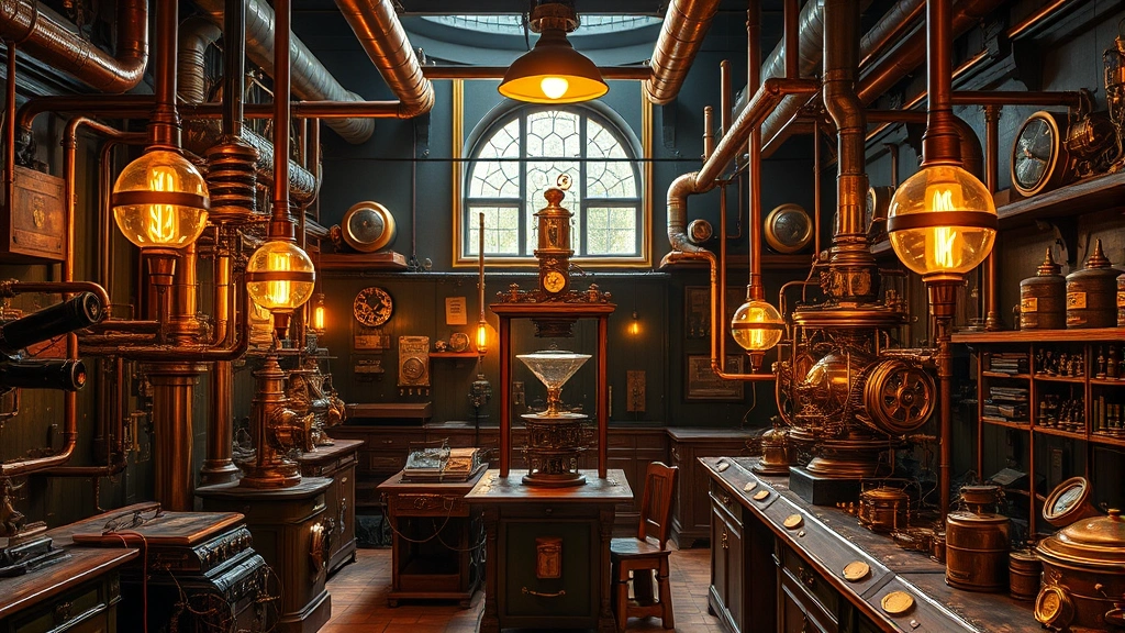 Victorian laboratory interior filled with elaborate brass machinery, copper piping, and electrical apparatus glowing with amber light, showcasing intricate steampunk engineering and scientific equipment in atmospheric setting