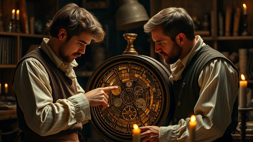 Two men in period clothing examining a complex mechanical device together in candlelit workshop, one pointing at intricate clockwork mechanisms visible through glass panels, emphasizing collaboration and scientific discovery