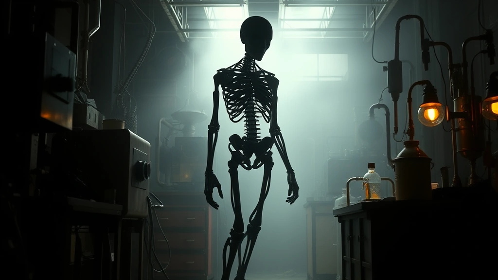 Dramatic silhouette of a reconstructed humanoid figure emerging from shadows in industrial laboratory environment, surrounded by glowing electrical equipment and Victorian scientific apparatus, creating gothic atmosphere