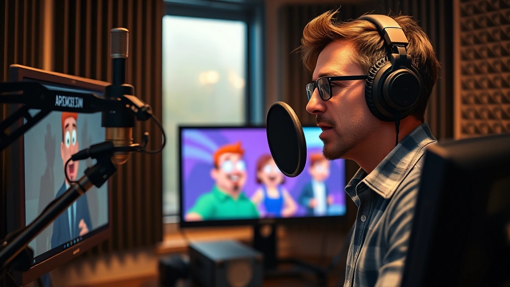 Professional voice actor in modern soundproof recording booth, wearing high-quality headphones, speaking into sensitive microphone, animated character reference displayed on monitor before them, warm professional studio lighting, focused expression showing concentration