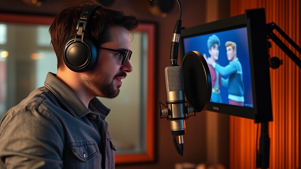 Professional voice actor in recording booth wearing headphones, speaking into high-end microphone with animated character reference displayed on monitor, warm studio lighting highlighting concentration and technical precision of voice acting work
