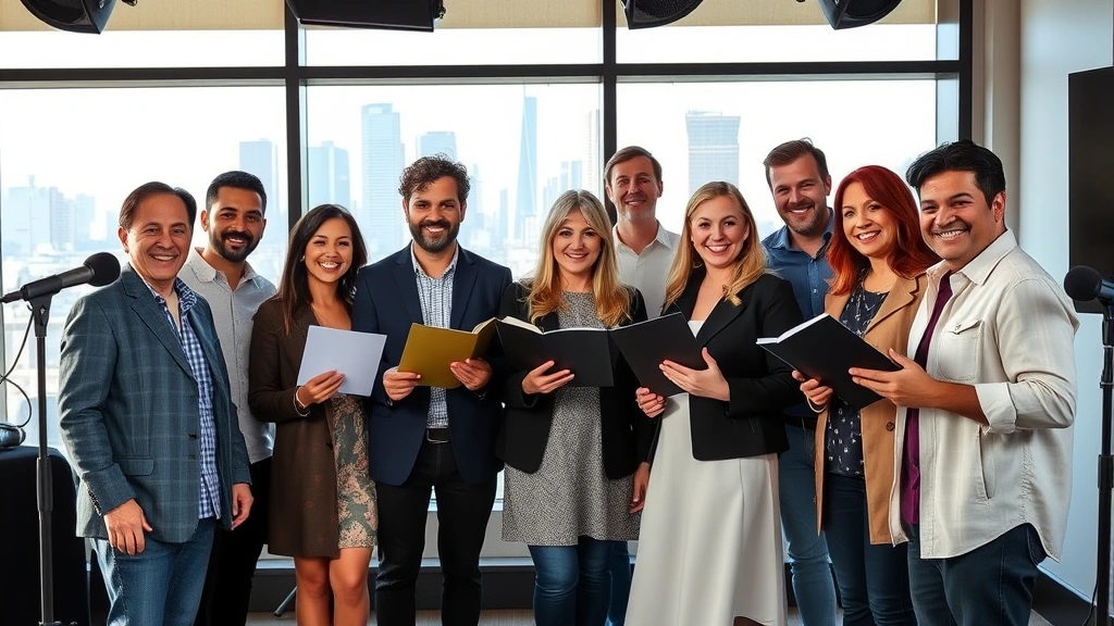Diverse group of professional voice actors in modern recording studio, standing before large window overlooking city skyline, holding scripts and smiling, representing collaborative creative environment and professional camaraderie