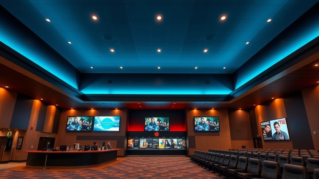 Modern cinema multiplex lobby with contemporary ticket counter, digital displays showing current movies, and comfortable seating areas with warm professional lighting