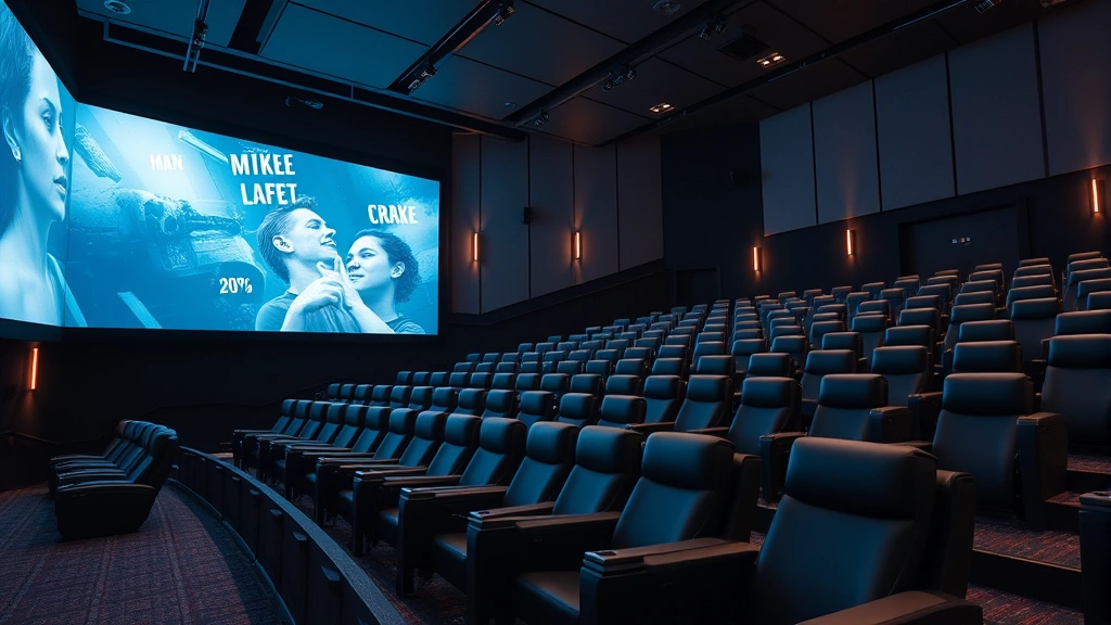 Modern cinema interior with digital projection technology and stadium seating arrangement in contemporary movie theater with premium amenities and comfortable recliners